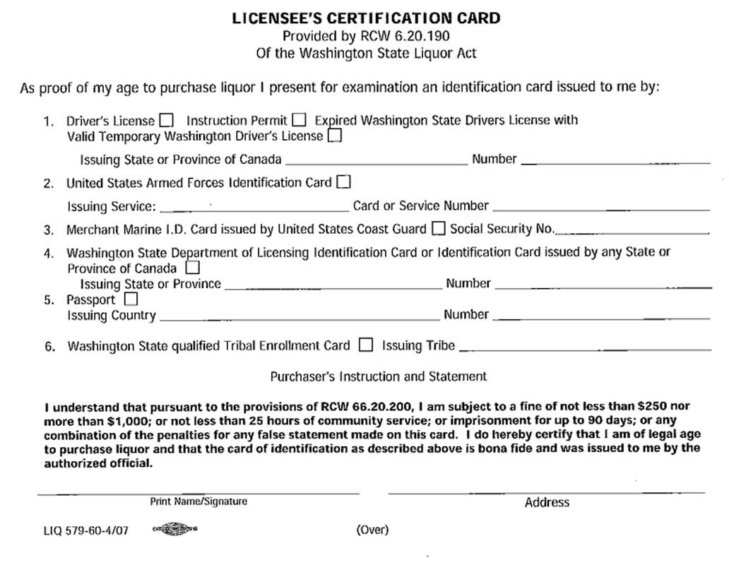 Washington Licensee's Certification Card Washington Licensee's Certification Card